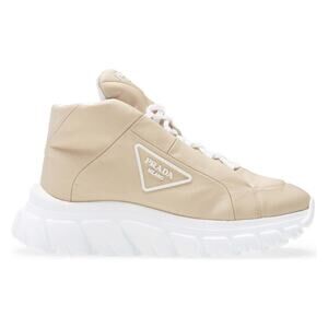 Prada Rush Piuma Nylon Beige White Platform Flat High Top Trainer Sneaker 39.5